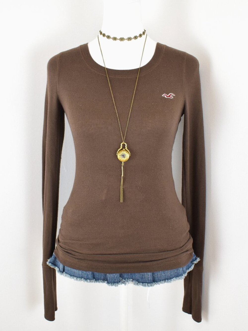 Hollister Vintage Late 2000s Y2K Dark Brown Waffle Thermal Knit Long Sleeve Top